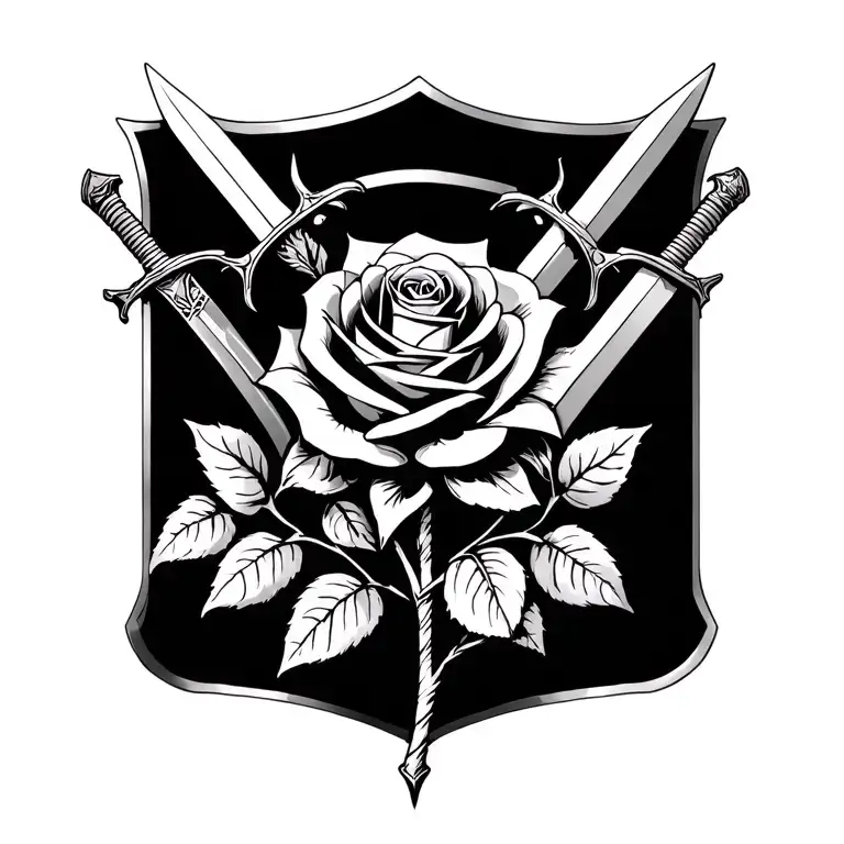 A Rose That Turns Its Stem Into A Sheild And With 3 Swords Behind The Sheild