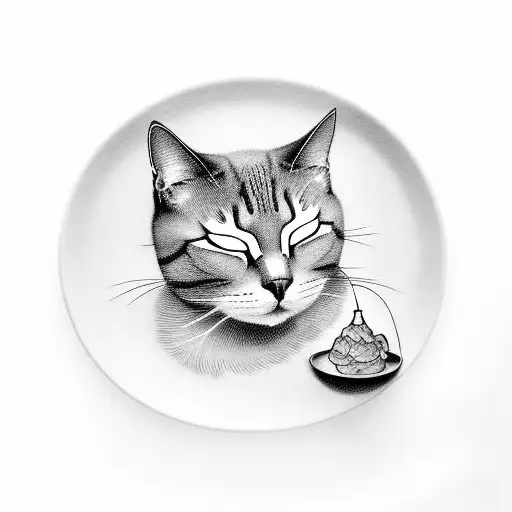 A Black-grey Tattoo Of A Sleeping Cat Surrounded By Art Supplies And A Plate Of Food