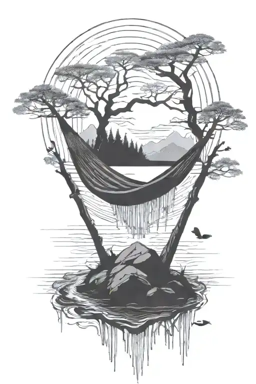A Empty Hammock In The Woods Beside A Raging River With A Majestic Waterfall