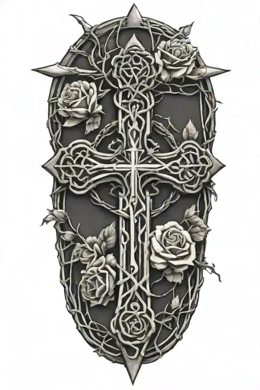 Cross Wrapped In Barbed Wire With Roses With Angel