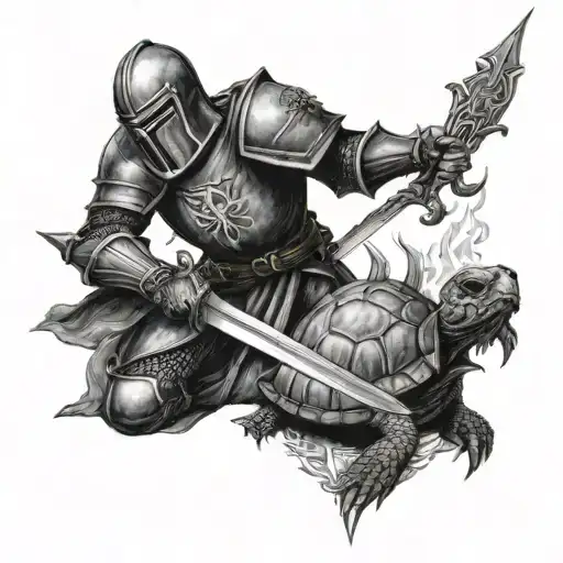 Knight Kneeling At Cross With Flaming Sword And Shield With Turtle On It