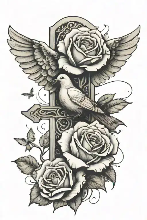 A Cross A Rose Cluds And A Dove Flying