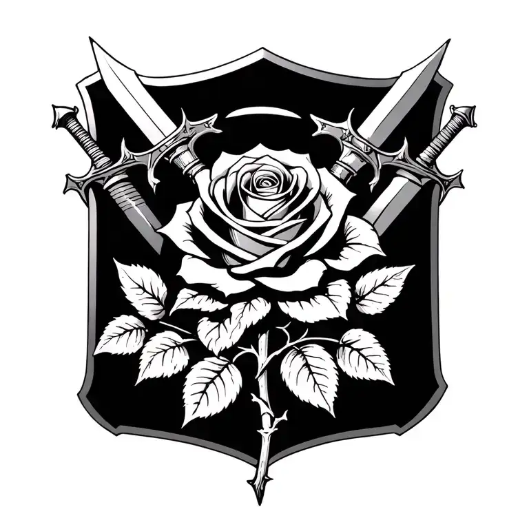 A Rose That Turns Its Stem Into A Sheild And With 3 Swords Behind The Sheild