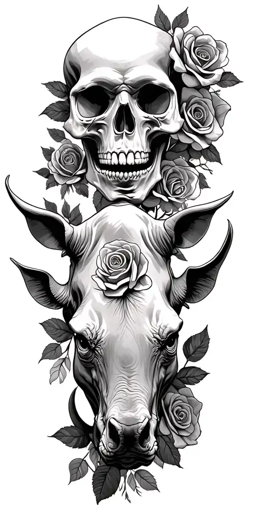 Mexican Skull At The Top And Rhino Head At The Bottom With Roses All Around