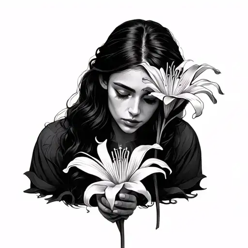 Woman With Her Head Bowed Down Hands Out Holding A Spider Lily