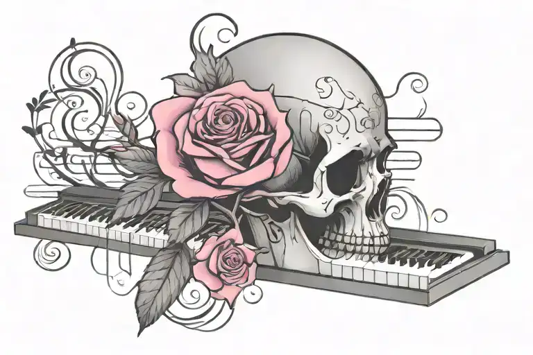 Piano Keys With A Pink Rose Behind On The Side And Skull