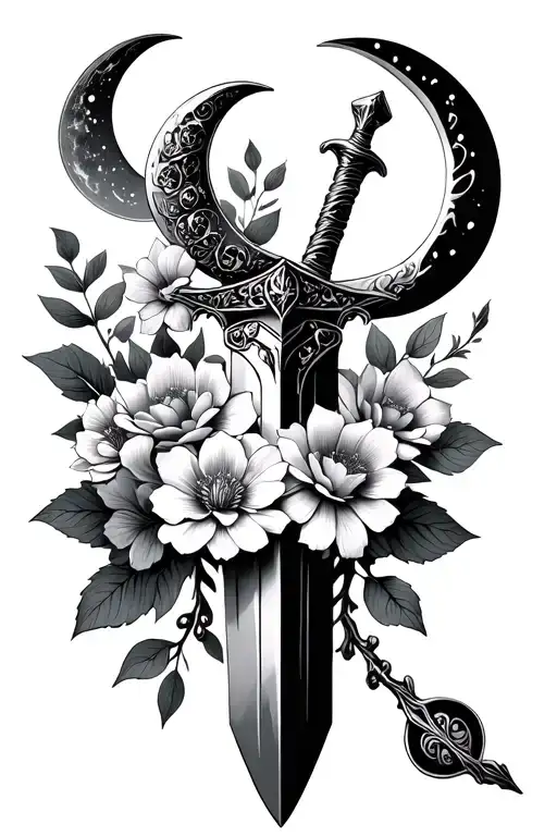 Dagger With Triple Moon On Handle Wrapped In Flowers