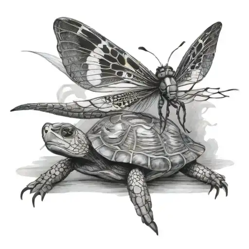 Dragonfly And Turtle Swimming Gracefully