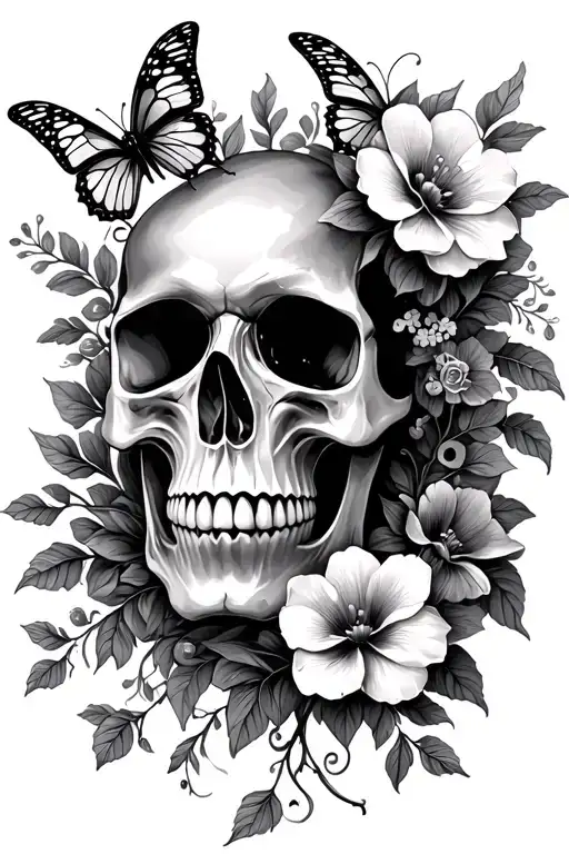 Black And Grey Realism Skull Tattoo With Flowers And Butterflies And Vines