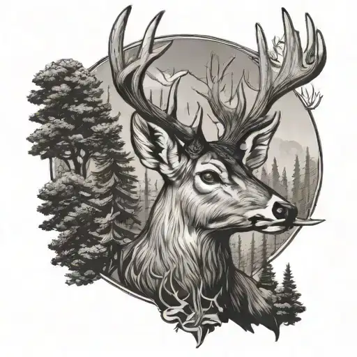 Cross And Whitetail Deer Head With Trees