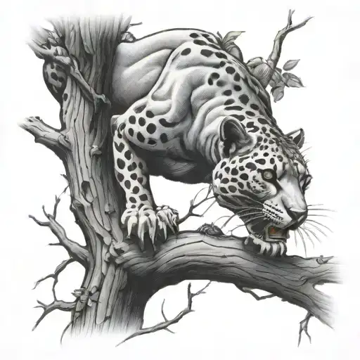 Panther Climbing Down Tree Branch