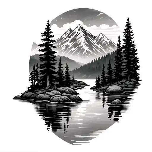 Tattoo With A Mountain In The Background With A River In The Middle And Trees Around