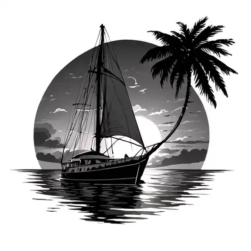 Polinesian Trimaran In The Sunset Scene