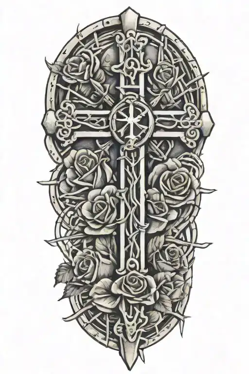 Cross Wrapped In Barbed Wire With Roses With Roman Numerals