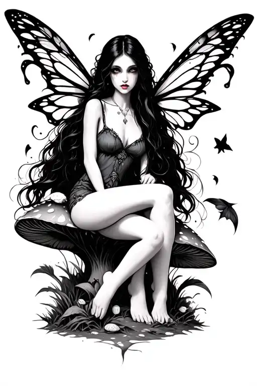 Create A Goth Fairy With Long Black Hair Sitting In A Mushroom Fantasy Land