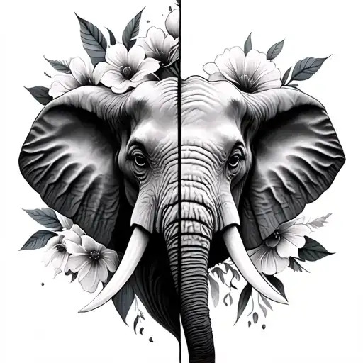 Elephant Face Split With Human Face In The Middle And Flowers Around It