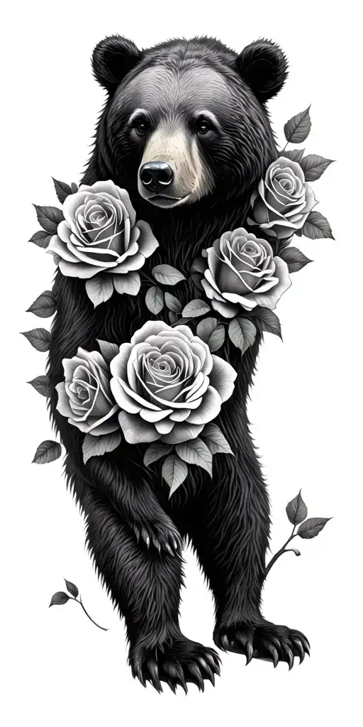 Bear Surrounded Roses Wrapped Trees Looking Through Lens