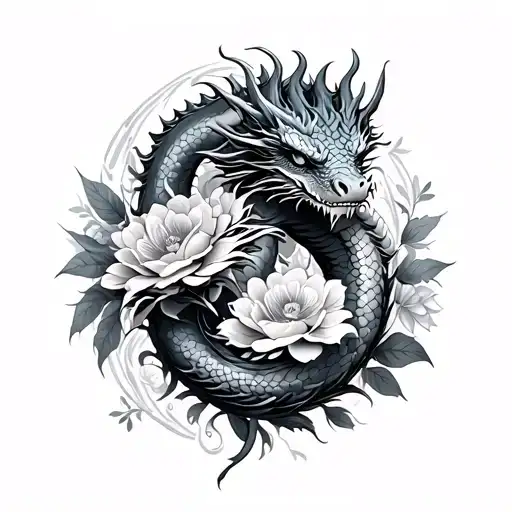 Dragon Wrapped Around Feminine Flowers