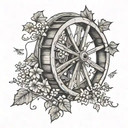 Line Work Old Mill Wheel With Ivy And Fairy Sitting On