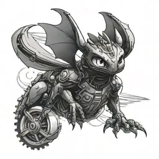 Black Tattoo Of Toothless Flying In A Cyperpunk 2077 Style