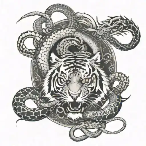 A Tiger And A Dragon Surrounded By 2 Huge Snakes