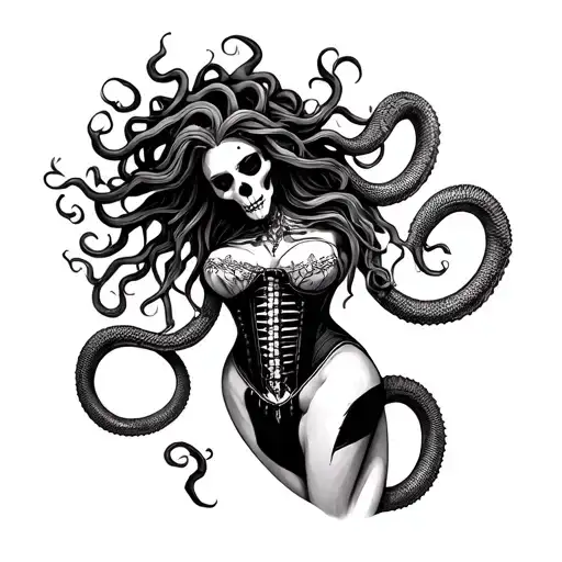 Medusa With Skeletal Snakes And Corset For A Knee