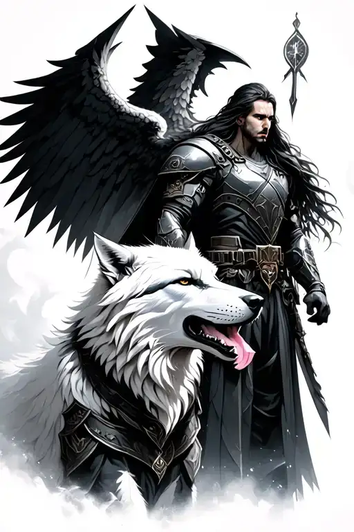 Human Dark Angel Soldier With A Long Haired White Wolf Ready For Battle