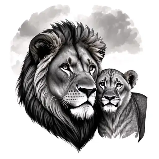 1 Lion Overlooking Lioness & Lion Cub Faces