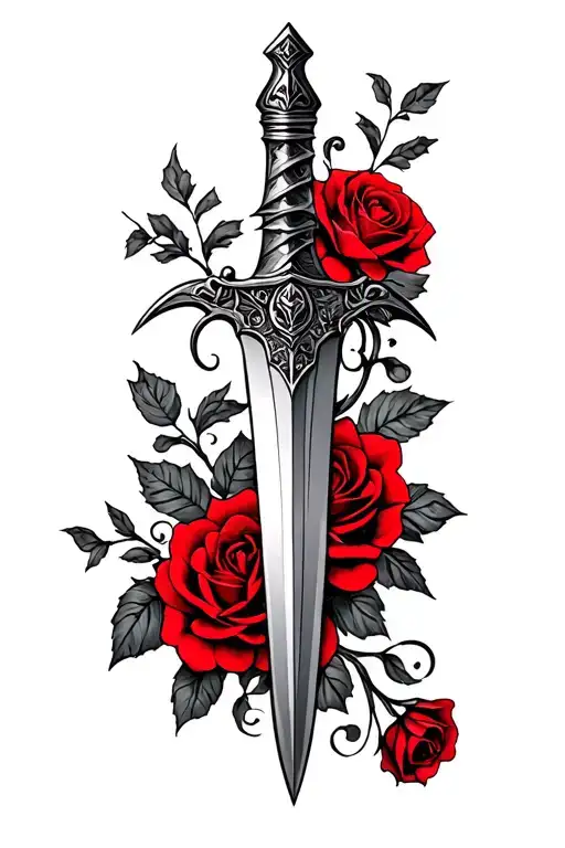 Dagger With Roses In Red Ink On Side Of Stomach