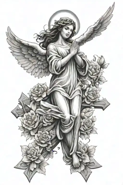 Angel And Floating Over A Cross With Flowers