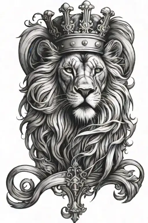 A Black And White Lion With A Crown And A White Cross In Its Eye Roaring