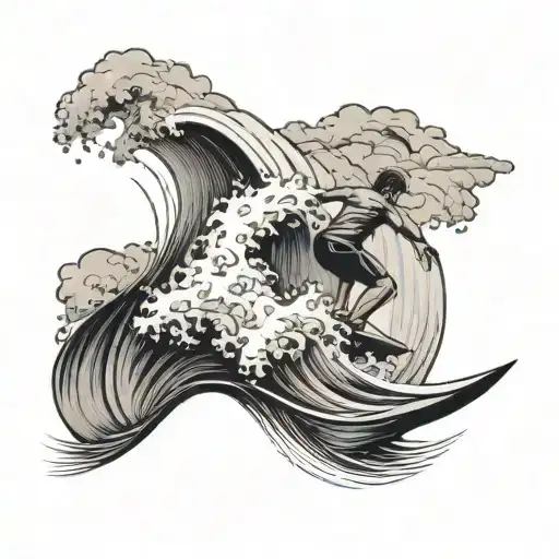 A Surfer Riding A Wave With A Mountain Peak In The Background