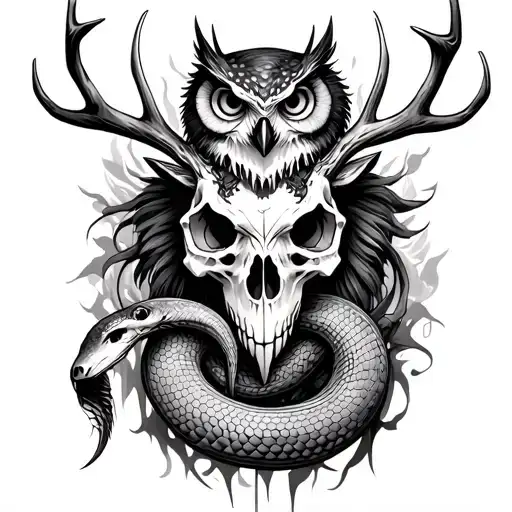 Wold And Snake And Deer Skull And Owl