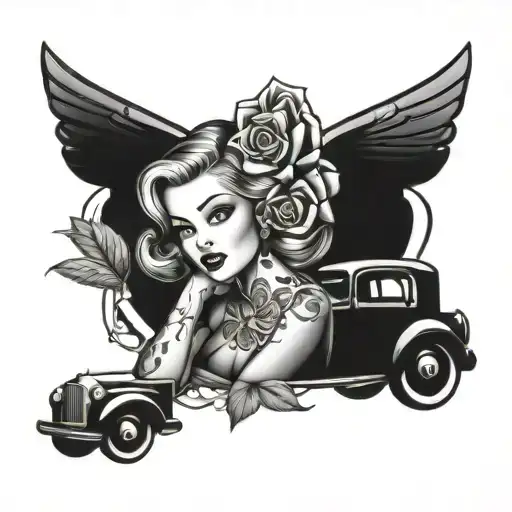Pin Up Doll And Flower And Car