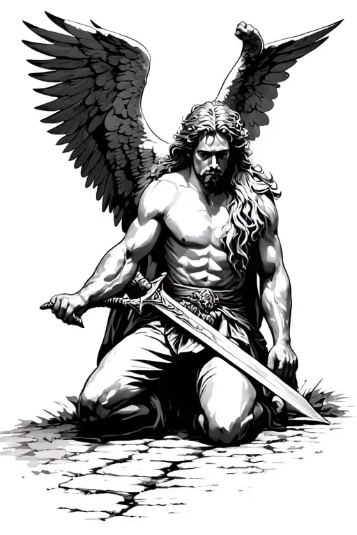 The Archangel St Micheal Kneeling With His Sword On A Pathway Coming Downwards