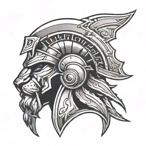 Abstract Black-grey Tattoo Of Spartan Helmet With Lion Imagery
