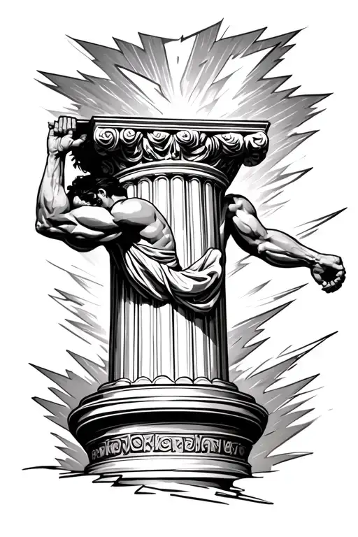 Man Lifting A Greek Pillar Lighting Bolt In The Background