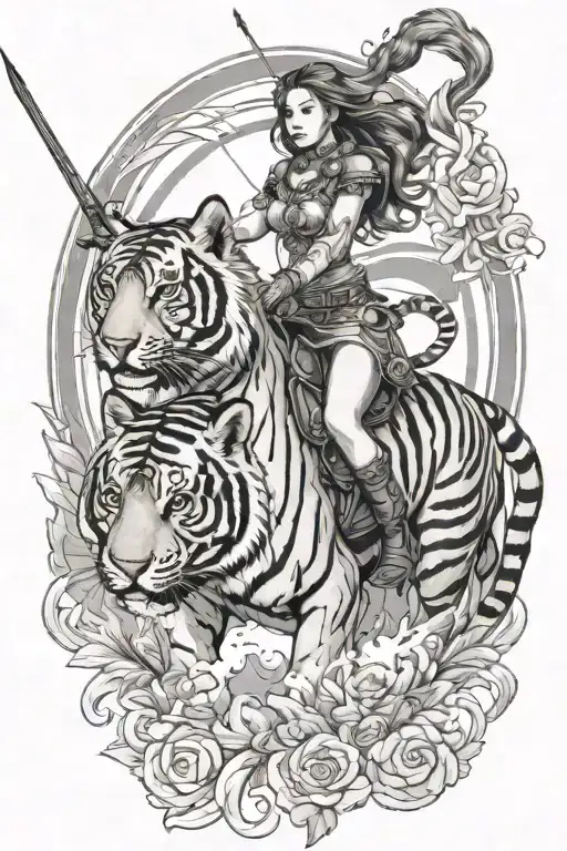 Female Sagittarius Riding Tiger While Pulling A Fire Arrow