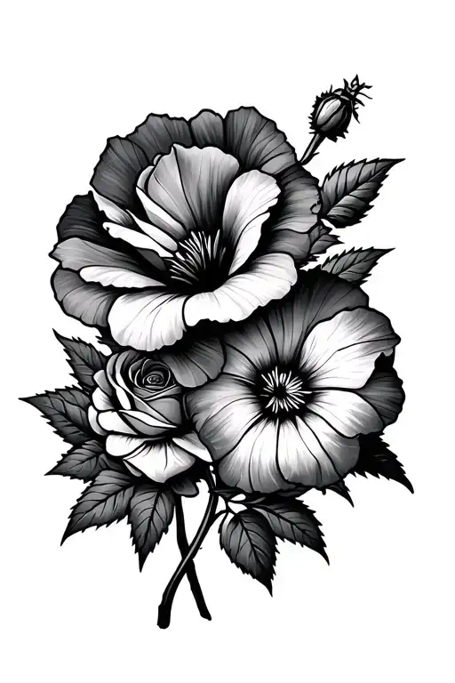 A Carnation Flower Intertwined With A Morning Glory Flower And A Rose In The Background