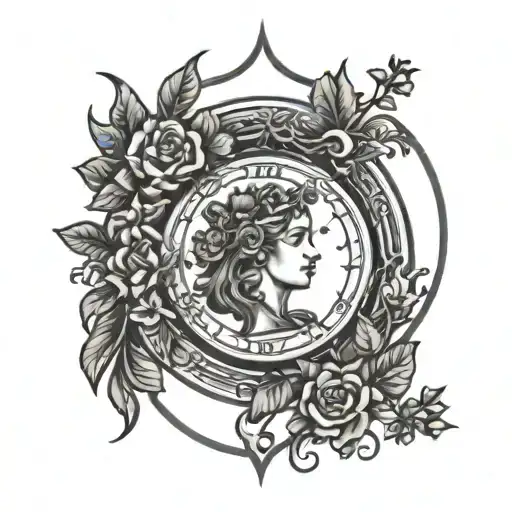 A Black-grey Tattoo Of A Tarot Card Featuring A Wreath Of Flowers And Celestial Elements