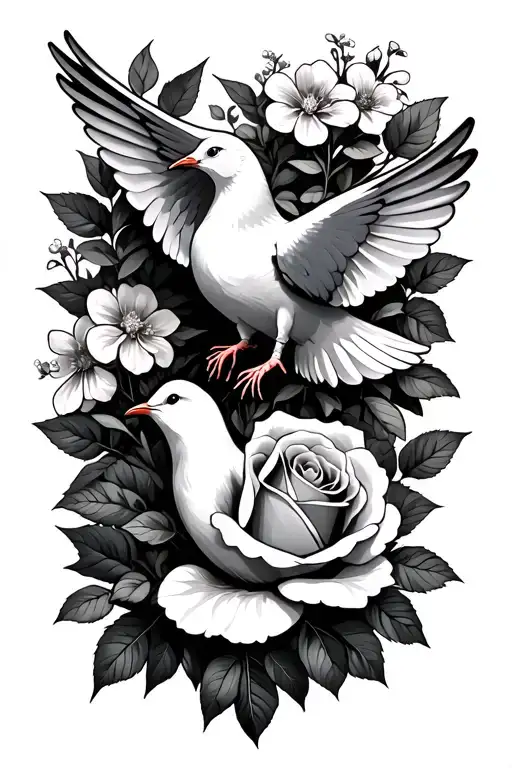 Dove With A Rose And Honeysuckle Flowers