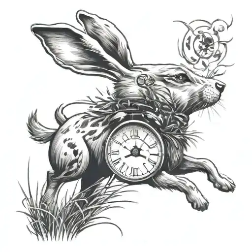 A Rabbit In A Grass Feild Being Chased By A Dog With Clocks In The Sky
