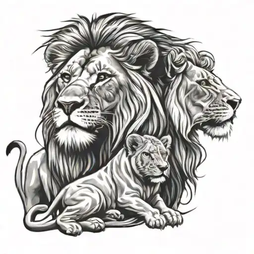 Lion And Two Lion Cubs In Color