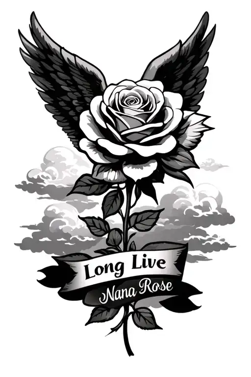 I Want A Rose Head With Angel Wings With Clouds And It Saying Long Live Nana Rose