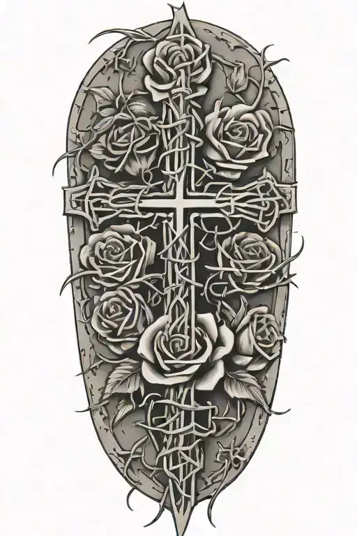 Cross Wrapped In Barbed Wire With Roses With Thorns