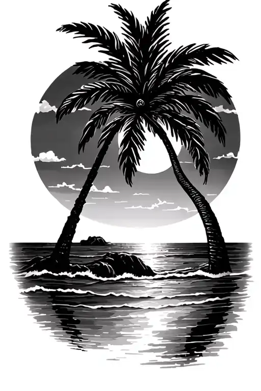 Ocean And Palm Tree With Setting Sun Setting