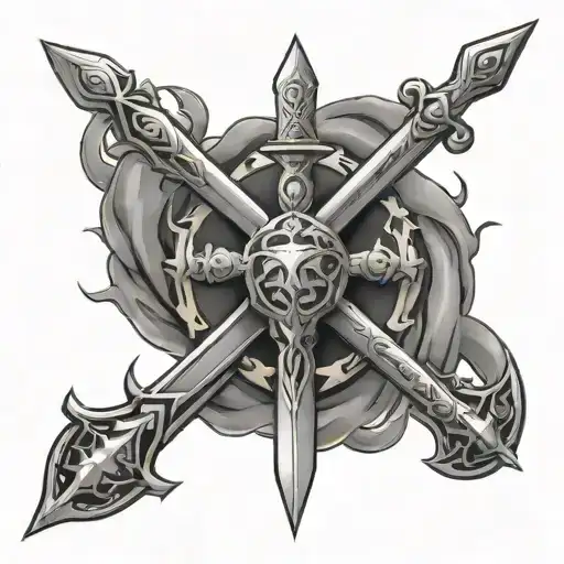 Three Swords Over A Fire In Case In Some Kind Of Ancient Symbol