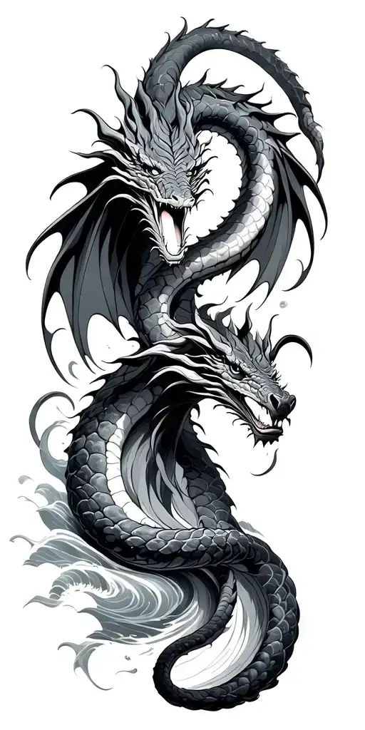 Dragon And Snakes Rising Out Of Waves