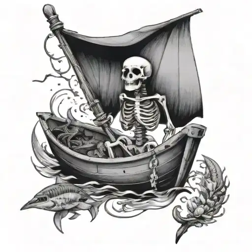 Skeleton In A Boat With Different Fish Under It
