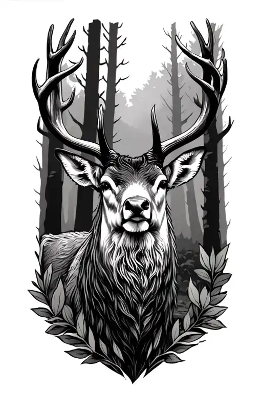 Stag Head With Horns In Forrest Setting